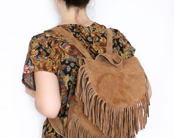 Suede Fringe Festival Boho Rucksack Backpack In Tan