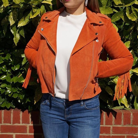 Orange Suede Leather Fringe Jacket, Size M