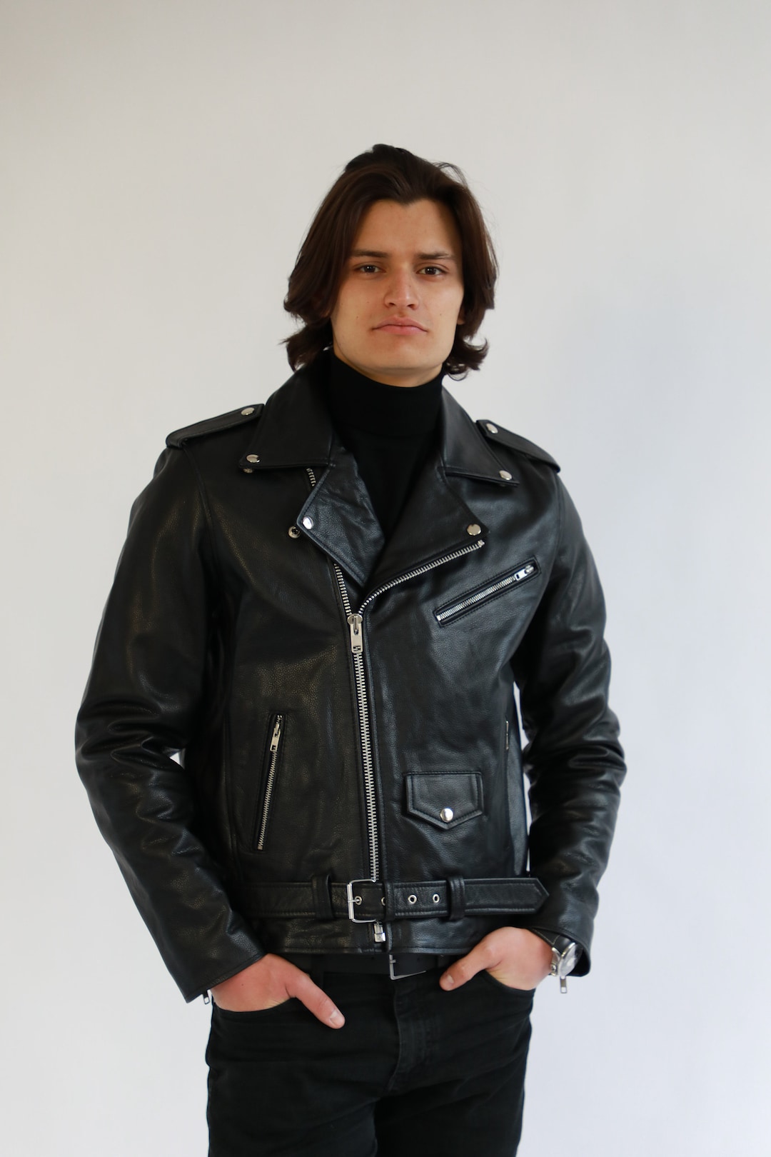 Classic Black Leather Biker Jacket Marlon Brando Jacket - Etsy Canada