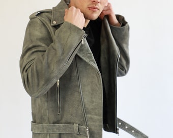 Classic Grey Leather Biker Jacket  Marlon Brando Jacket/Perfecto style