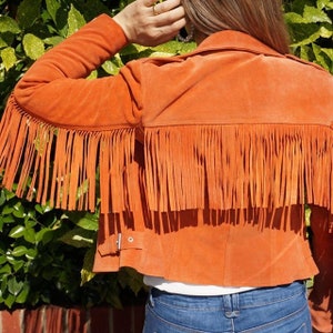 Suede Fringe Biker Jacket in Orange