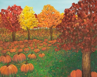 Pumpkin Patch, Fall, Landscape, Painting, Nature, Trees, Pumpkins, Giclee Art Print, 8x8, 12x12, 20x20