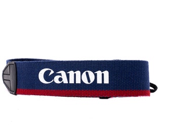 Vintage Canon EOS-riem in blauwe, rode en witte kleuren