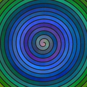 May include: Abstract digital art featuring a swirling spiral pattern in shades of blue, green, and purple.