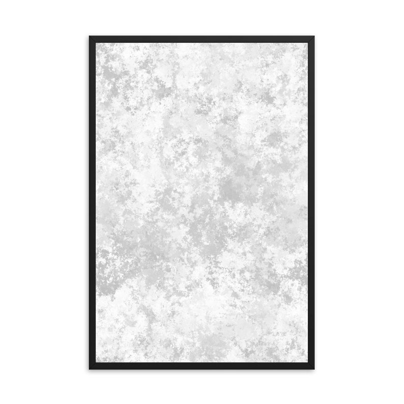 May include: A framed abstract print with a white background and a gray, mottled texture.