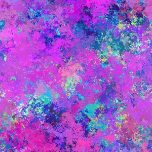 May include: Abstract digital art featuring a vibrant colour palette of pink, blue, purple, and green. The colours are blended together in a splatter effect, creating a dynamic and energetic design.