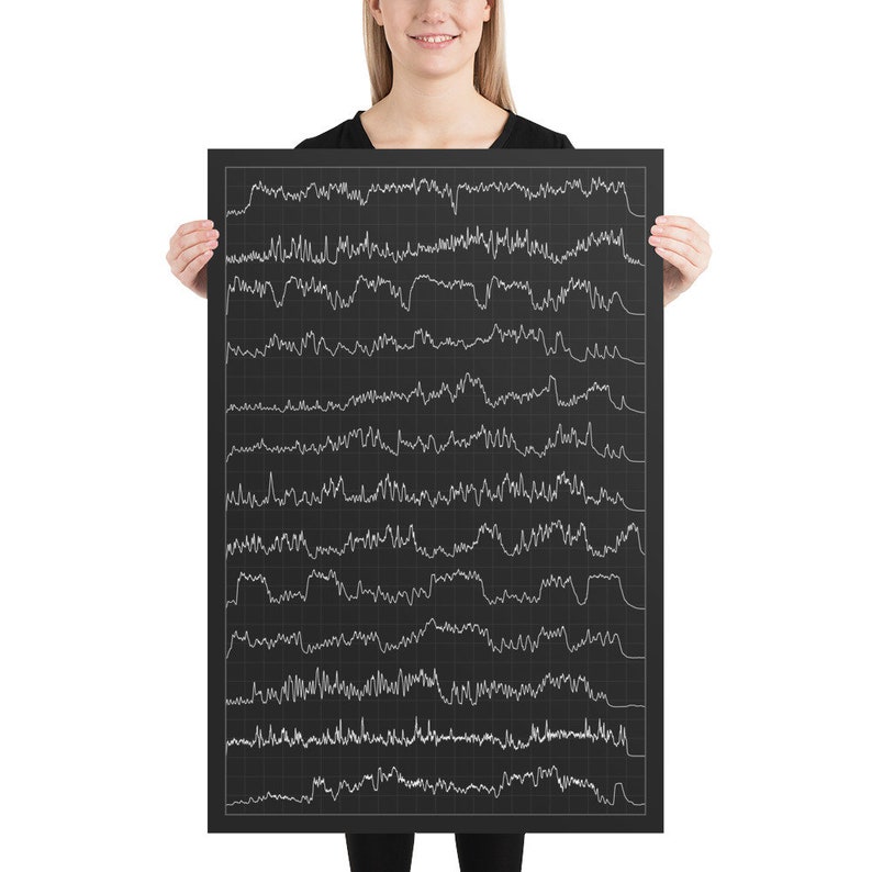 K&ouml;nnte beinhalten: Ein schwarz-wei&szlig;es Poster mit einem Rastermuster und mehreren Linien aus wei&szlig;en, wellenf&ouml;rmigen Linien. Die Linien &auml;hneln einer EEG-Gehirnwellenmessung.