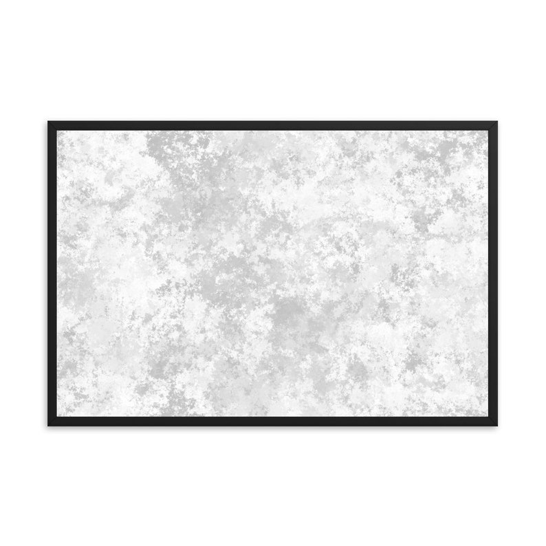 May include: A framed abstract art print with a white background and a gray, mottled texture.
