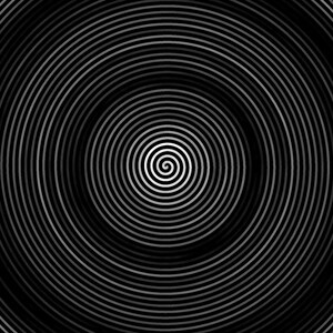 May include: A black and white spiral pattern with concentric circles radiating outwards from the center.