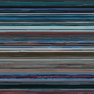 May include: Abstract digital artwork featuring horizontal lines in shades of blue, brown, and grey. The piece has a textured appearance, with subtle colour and line thickness variations, creating a complex visual composition.