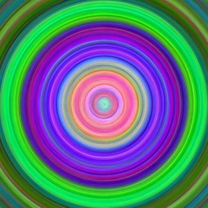 May include: Abstract concentric circles in shades of green, blue, purple, pink, and orange. The circles are arranged in a radial pattern, creating a hypnotic effect.