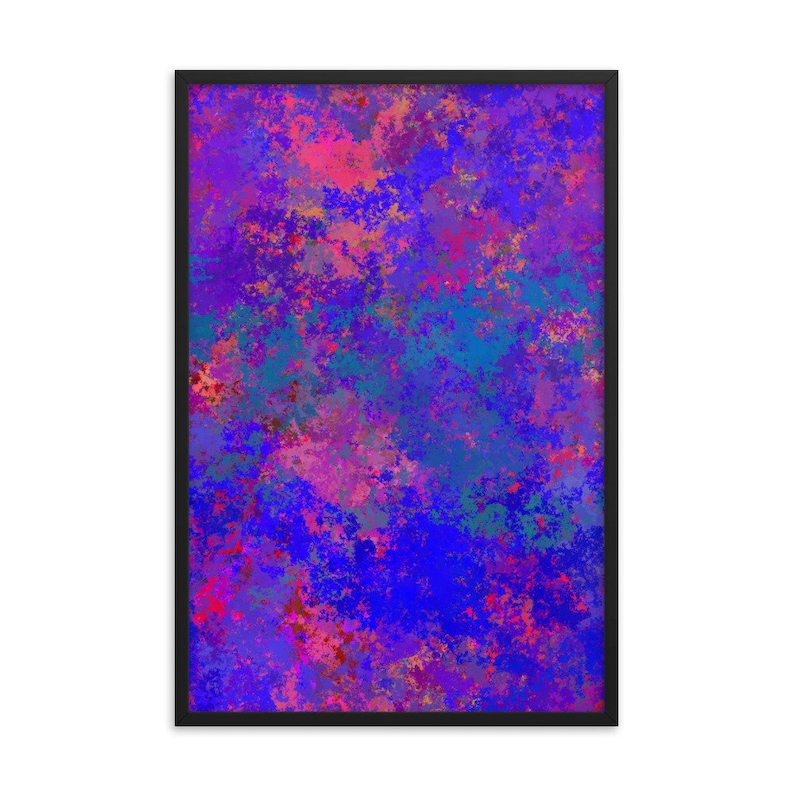 May include: Framed abstract art print featuring a vibrant mix of colors. The artwork showcases a blend of blues, purples, pinks, and touches of orange and green. The colors are layered and blended, creating a textured, dynamic visual effect. The frame is black.