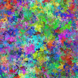 May include: Abstract digital art with a colourful, splatter paint effect. The background is a mix of bright colours, including red, orange, yellow, green, blue, purple, and pink.