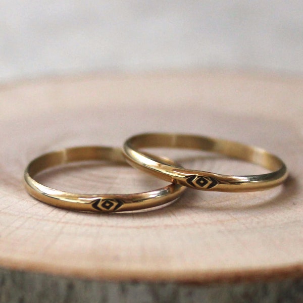 Geometric Stamped Brass Stacking Ring Band, Minimalist Geometric Golden Stacking Ring Band, Simple Brass Ring Band