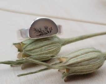 Small Half Moon Dendritic Agate Fern Sterling Silver Ring, Wide Band Silver Dendritic Agate Ring, Botanical Statement Ring