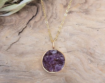 Minimalist Amethyst Druzy Crystal and Brass Necklace with 14k Gold Fill Chain