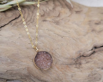 Minimalist Pink Quartz Druzy Crystal and Brass Necklace with 14k Gold Fill Chain