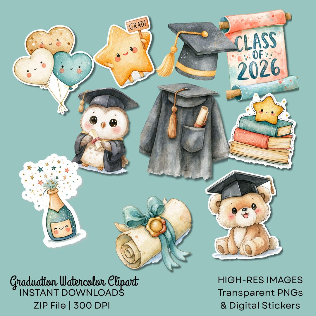 Kawaii Graduation Watercolor Clipart Bundle - Digital Sticker ...