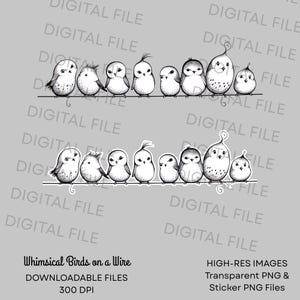 May include: A digital illustration featuring two rows of eight small, round birds perched on a thin horizontal wire. The birds are rendered in black and white with varied expressions and tufts of feathers. The text "DIGITAL FILE" repeats in the background, with "Whimsical Birds on a Wire" and "HIGH-RES IMAGES" printed at the bottom.