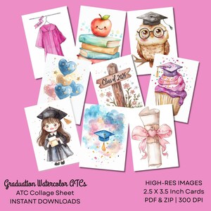 May include: A collection of watercolor graduation-themed greeting cards. The cards feature illustrations of a graduation gown, an owl wearing a graduation cap, a cupcake with a graduation cap, and other graduation-related images. The cards are 2.5 x 3.5 inches.
