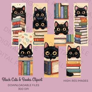 May include: A collection of digital bookmarks featuring illustrations of black cats with large yellow eyes perched atop stacks of colorful books. Some designs include floral patterns or shelves of books, all rendered in a vibrant, cartoon-like style.