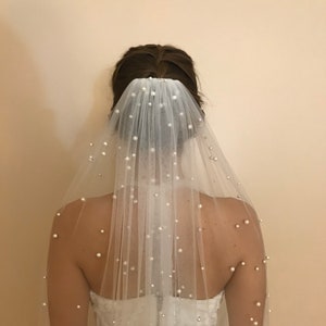 Pearl Wedding Veil, Cathedral Wedding Veil, Scattered Pearl Veil, Ivory Veil, White Veil, Fingertip Veil (PARADISE M0100)