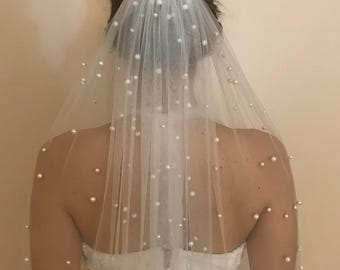 Velo de novia de perlas – Tul con perlas dispersas en todos los largos con peine de metal (catedral, punta de dedo)