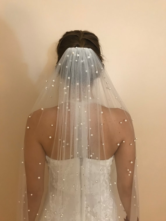 Pearl Wedding Veil, Cathedral Wedding Veil, Scattered Pearl Veil, Ivory Veil,  White Veil, Fingertip Veil PARADISE M0100 