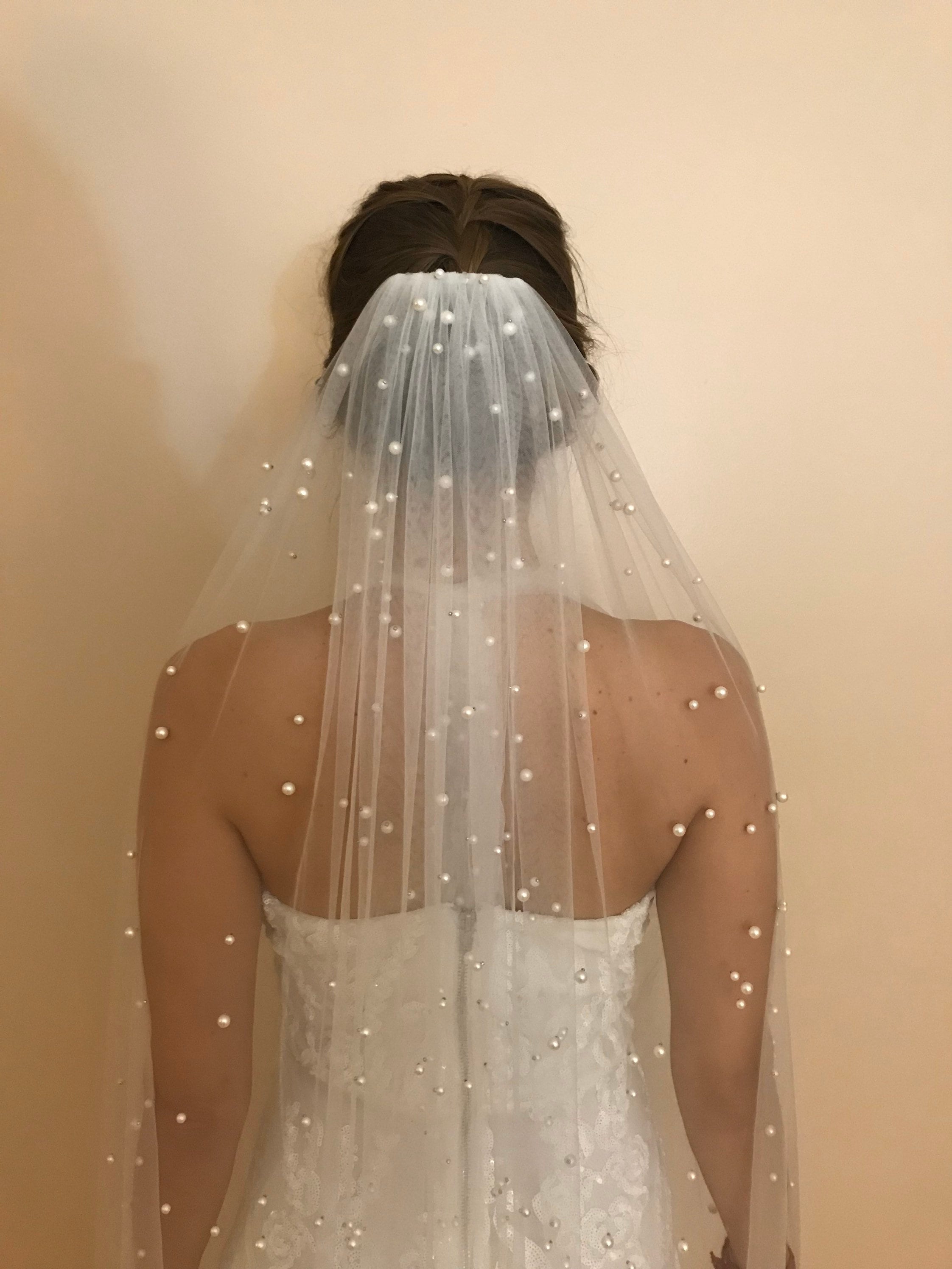 WhiteandIvoryStore Pearl Wedding Veil, Cathedral Wedding Veil, Scattered Pearl Veil, Ivory Veil, White Veil, Fingertip Veil (Paradise M0100)