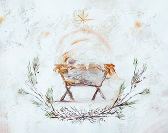 May include: An artistic painting of a manger scene. The focal point is a wooden manger with a baby wrapped in white cloth. A star shines above, with a wreath of greenery and berries below.