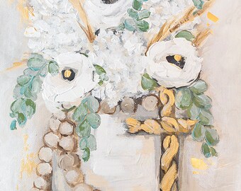 Cream Blessings Gold Cross Floral Southern Art Paper Print