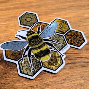 Bee mirror effect vinyl sticker, waterproof sticker for water bottles, laptop, phone, honeycomb honeybee mandala style die cut decal