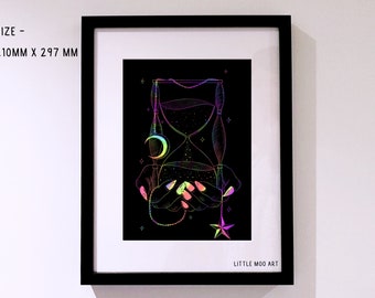 Hourglass Moon Star Foil Print Hand Held Magic Chain Line Art Wall Decor Home Decor Witchy Gothic Vibes Sand Timer Nails Wiccan Symbols A4