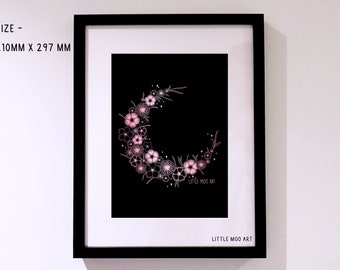 Floral Moon Foil Print Celestial Nursery Flowers Stars Delicate Wall Art Tattoo Style Line Art Unique Home Decor A4 Rose Gold Black White