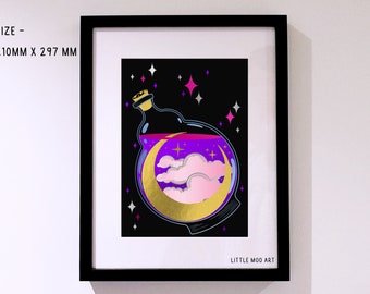 Potion Bottle Layered Foil Print, A4 Art Print, Night Sky Bottle Wall Decor, Witchy Home Decor, Alternative Art Print, Moon and Clouds Print