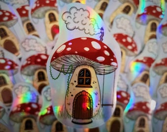 Toadstool House Holographic Sticker: Cottagecore Mushroom Vinyl