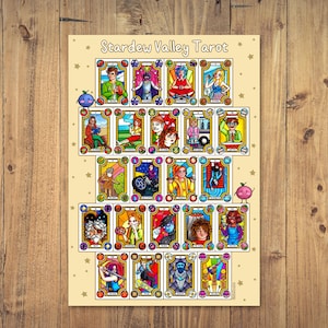 Poster dei tarocchi di Stardew Valley formato A2, stampa lucida delle carte dei tarocchi degli Arcani Maggiori, arte della parete di gioco accogliente, stampa artistica della sala giochi accogliente, opera d'arte Junimo