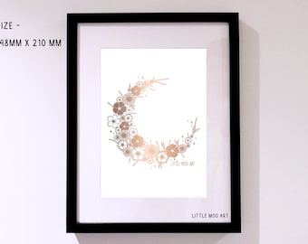 Floral Moon Foil Print Celestial Nursery Flowers Stars Delicate Wall Art Tattoo Style Line Art Unique Home Decor A5 Rose Gold Black White
