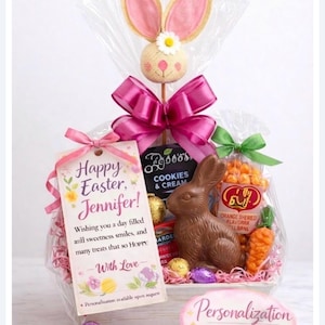 Personalized Easter Chocolate Gift Basket with Bunny Treats (Gift Tag Included)