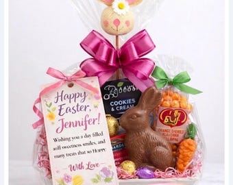 Personalized Easter Chocolate Gift Basket with Bunny Treats (Gift Tag Included)