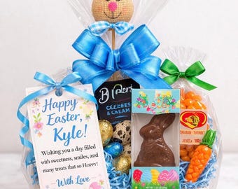 Personalized Easter Chocolate Gift Basket with Bunny Treats (Gift Tag Included)