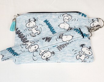 Peanuts Snoopy Laughing Cotton Fabric Medium Wristlet Clutch | Iconic HAHAHAHA Writing! | New Handmade | Apply SAVE10 Coupon | Free Shipping