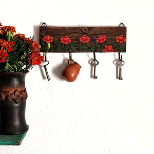 Hand painting wooden key holder for a wall with flowers Marigold, Recycling wood floral entryway organizer with brass hooks, Marigold wall