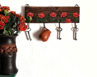 Hand painting wooden key holder for a wall with flowers Marigold, Recycling wood floral entryway organizer with brass hooks, Marigold wall