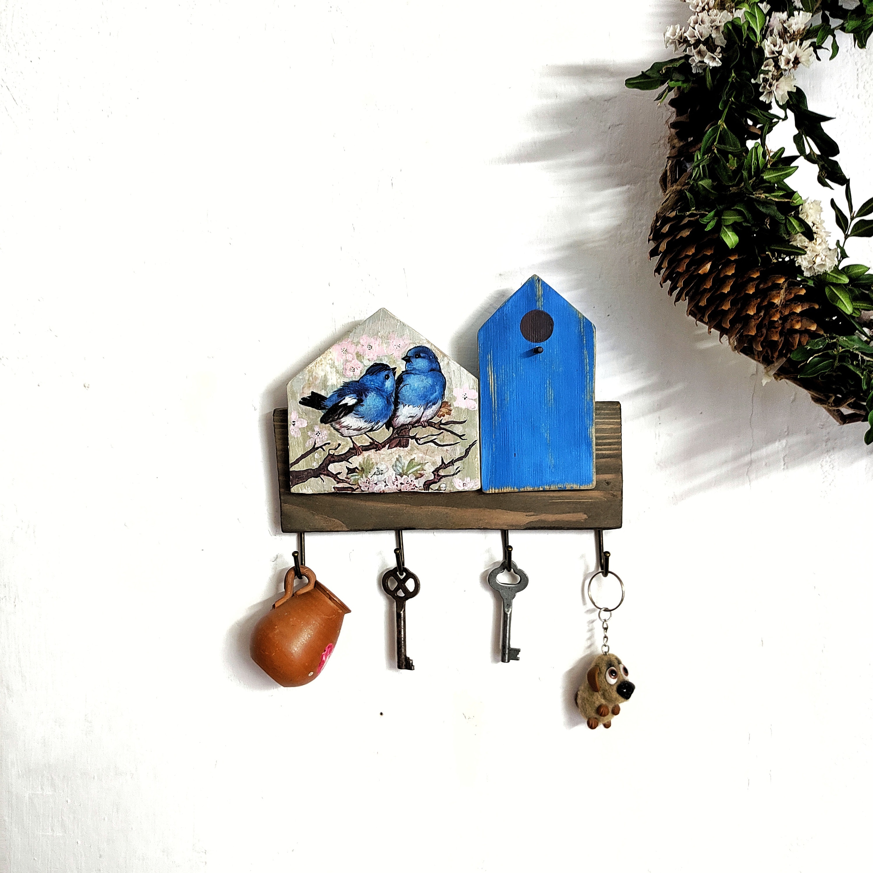 Wooden Key Holder for a Wall With Birds, Wall Organizer With Birds, Key ...