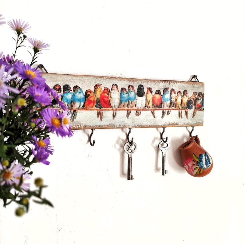 Long Wooden Key Holder for a Wall With Birds, Wall Organizer With Birds ...