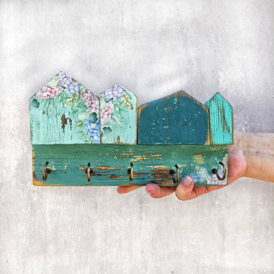 Wooden Emerald Green Key Holder for Wall, Entryway Organizer, Small Key ...