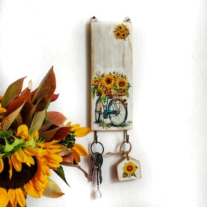 Vertical Wooden Key Holder for a Wall With Sunflowers, Recycling Wood ...