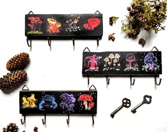 Wooden key holder for a wall with mushrooms, wall organizer for a kitchen with mushrooms, key rack hooks
