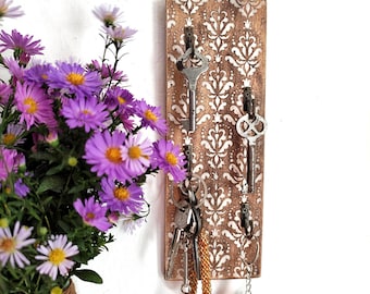 Vertical wooden key holder for a wall, Recycling wood rustic entryway wall organizer with brass hooks, Small key rack, Brass key hanger
